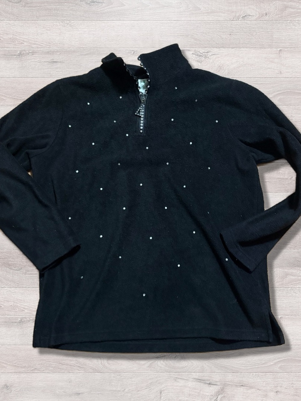 Quacker Factory Black Rhinestone Fleece Quarter Zip Jacket Sweatshirt Medium